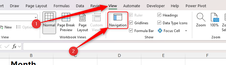 The Navigation icon in the View tab on Excel's ribbon.