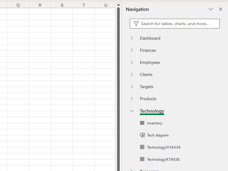 The Navigation pane in Excel, with the Technology worksheet expanded to reveal its elements.