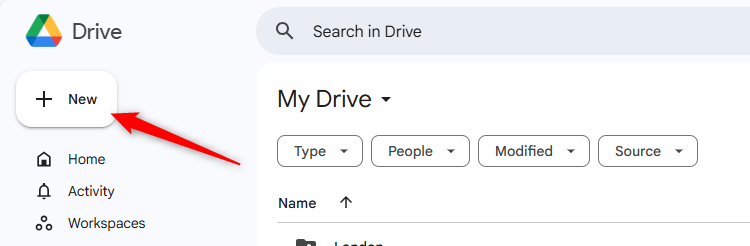 The New button in Google Drive is selected.