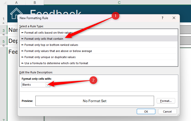 Tạo quy tắc định dạng cho ô trống Hộp thoại New Formatting Rule trong Excel.