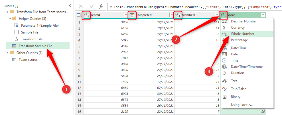 The number formats of various columns in Excel's Power Query Editor are adjusted to match their respective data types.