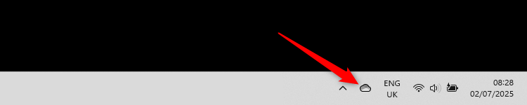 The OneDrive icon in the system tray is selected.
