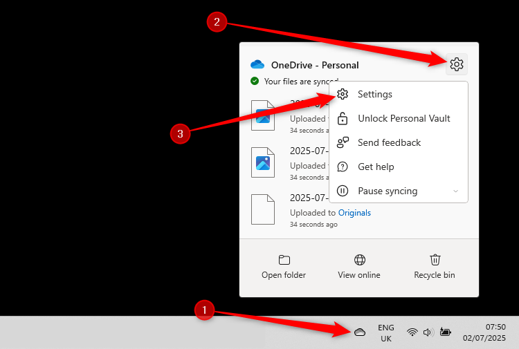 The OneDrive icon in the system tray, the Settings cog in the OneDrive pop-up, and the Settings option are selected.