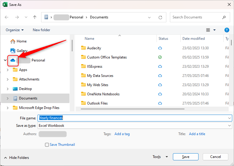 The OneDrive icon is highlighted in Excel's Save As dialog box.