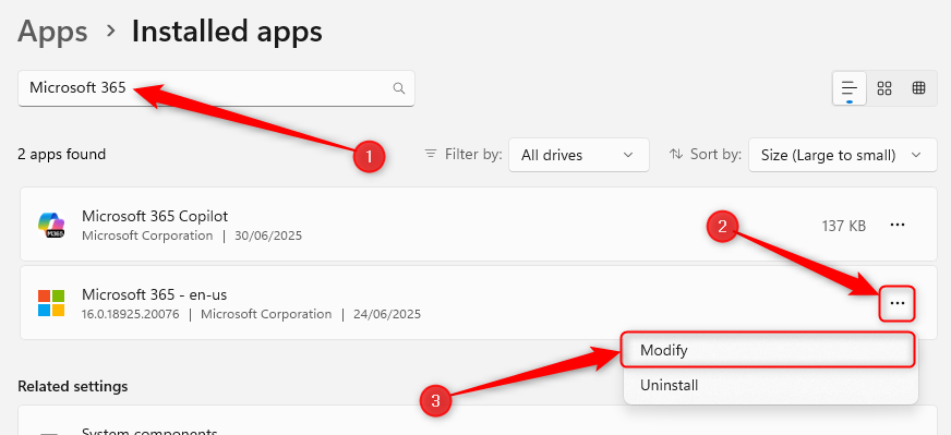 The option to modify the Microsoft 365 app is selected in the Windows 11 Installed Apps window.