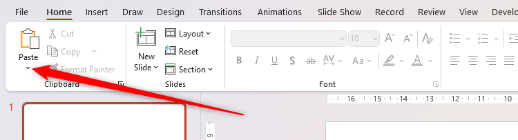 The Paste down arrow in Microsoft PowerPoint.