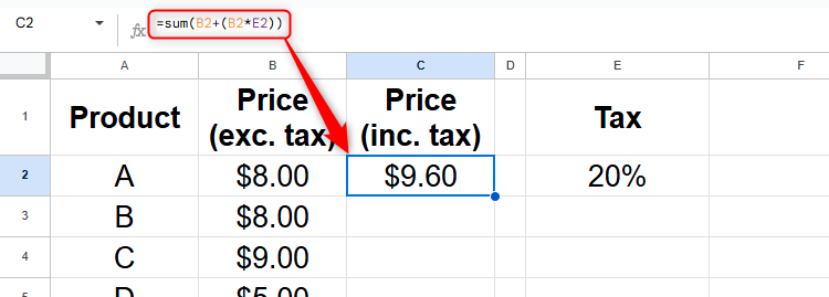 Le prix d'un produit après taxe est calculé dans Google Sheets.