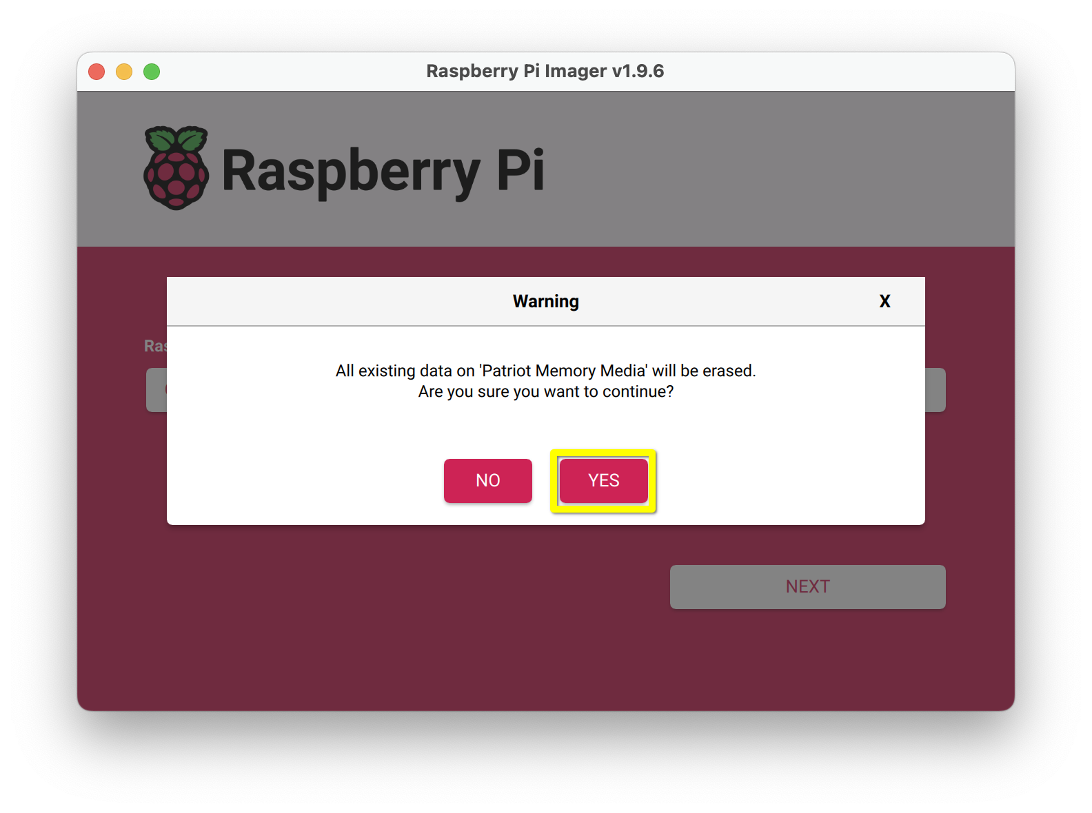 The Raspberry Pi Imager app prompt to confirm overwriting a disk, with a yellow box around the Yes button.