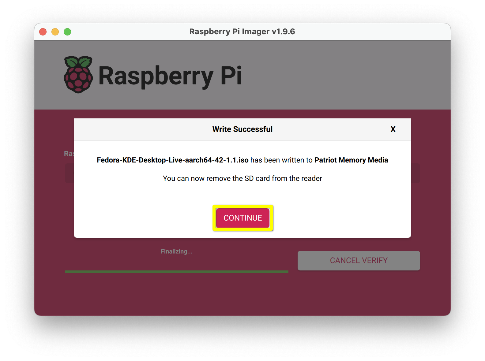 The Raspberry Pi Imager app with a successful write message and a yellow box around the Continue button.