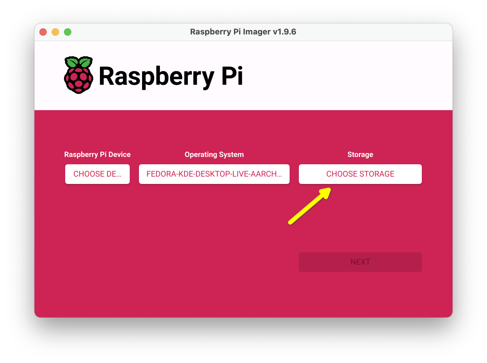 The Raspberry Pi Imager app with a yellow arrow pointing to the Choose Storage button.