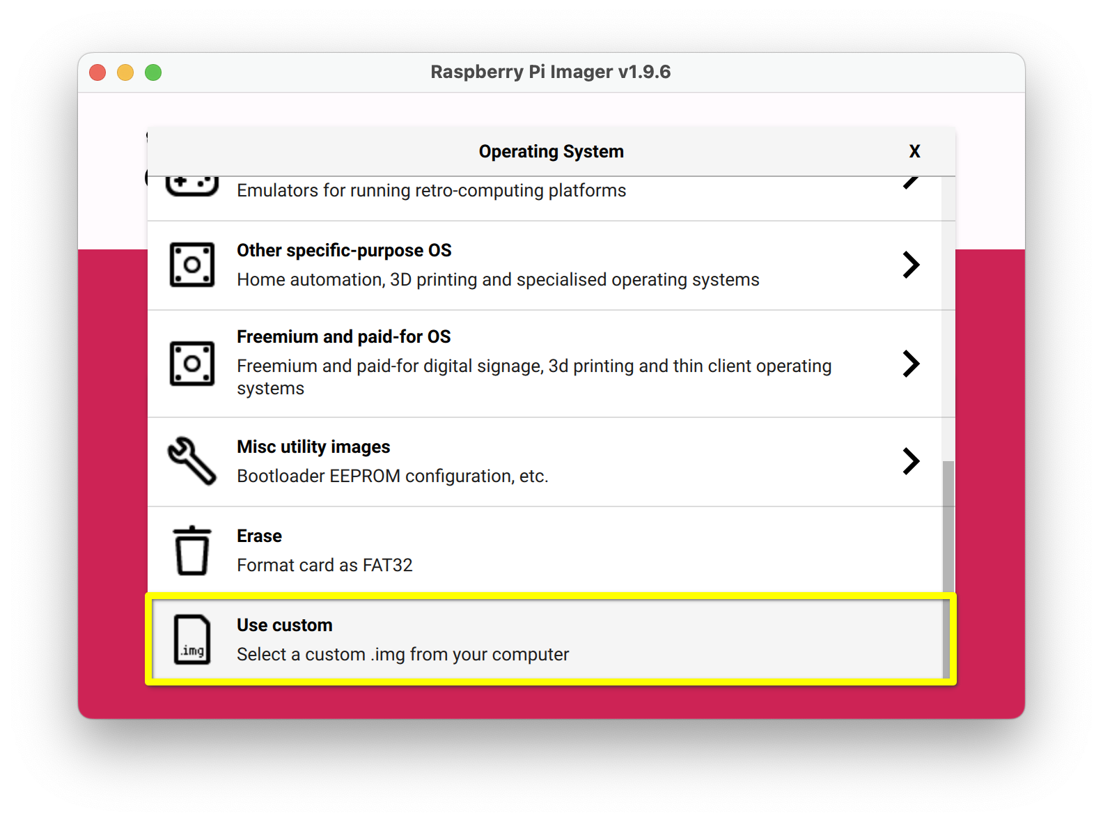 The Raspberry Pi Imager OS menu with a yellow box around the Use Custom option.