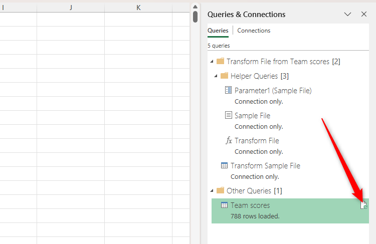 The refresh icon next to a query in Excel's Queries And Connections pane is selected.