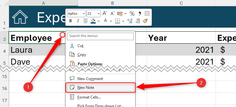 Tạo Ghi chú mới trong Excel Menu chuột phải trong Excel với lựa chọn Ghi chú mới.