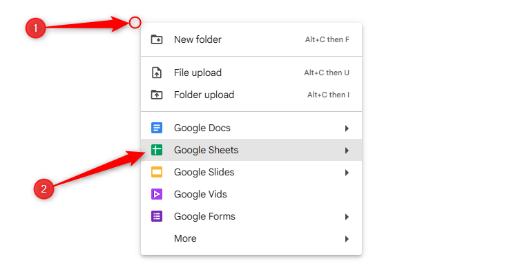 The right-click menu in Google Drive is expanded, and Google Sheets is selected.