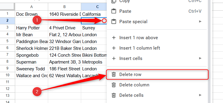 The right-click menu is expanded in a cell in Google Sheets, and Delete Row is selected from the options.