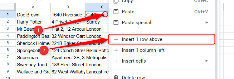 The right-click menu is expanded in a cell in Google Sheets, and Insert 1 Row Above is selected from the options.
