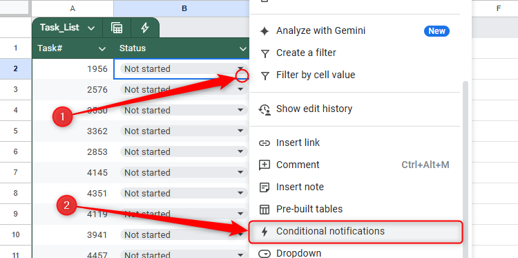 The right-click menu of a cell in Google Sheets is expanded, and Conditional Notifications is selected.