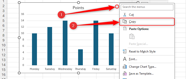 The right-click menu on a chart in Excel is expanded, and Copy is selected.