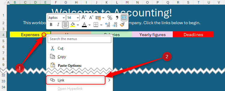 The right-click menu on a merged cell is expanded, and Link is selected from the options.