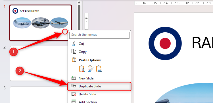 The right-click menu on a slide thumbnail in PowerPoint is expanded, and Duplicate Slide is selected.
