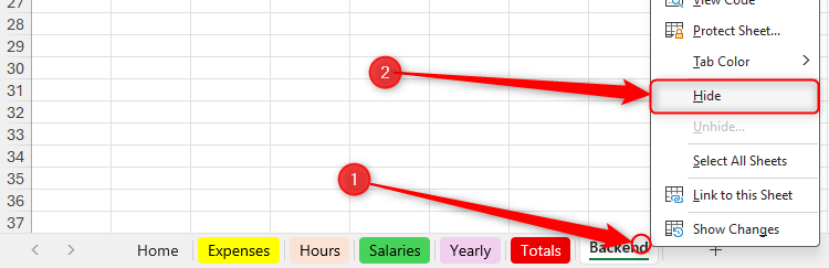Ẩn trang tính trong Excel Menu chuột phải trên tab trang tính Excel với lựa chọn Ẩn.