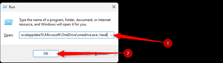 The Run window in Windows 11, with a command to reset OneDrive.