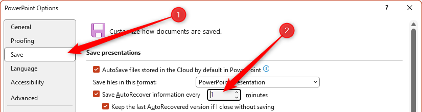 The Save AutoRecover Information frequency is changed to every minute in the PowerPoint Options window.