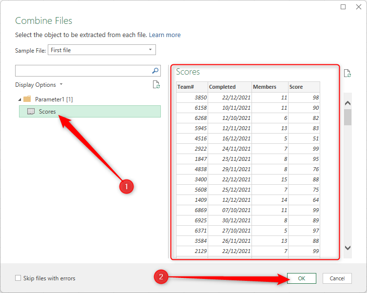 The Scores worksheet tab in Excel's dialog box is selected, a preview of the sample file is viewable in the right-hand pane, and the OK button is highlighted.