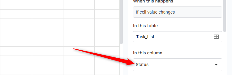 The Status column is selected in the In This Column field in Google Sheets' conditional notifications pane.