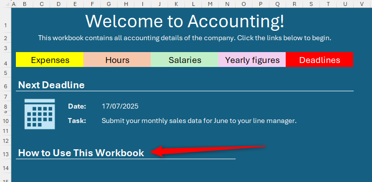 The subtitle 'How to Use This Workbook' is added to a homepage worksheet in Microsoft Excel.