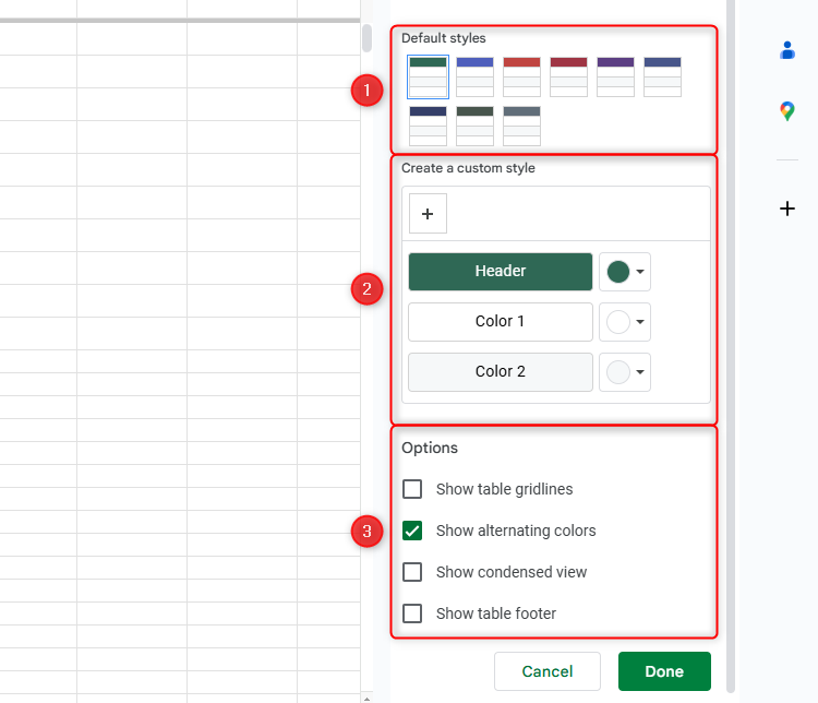 Меню настройки оформления таблицы Google Sheets.