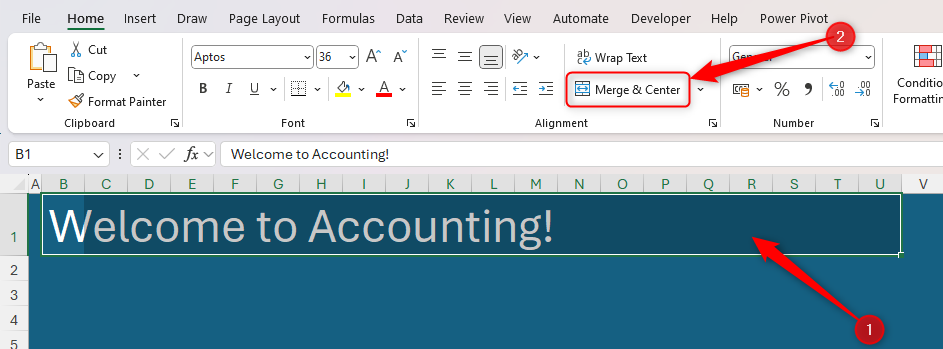 The title row in an Excel worksheet is selected, and Merge And Center in the Home tab is highlighted.