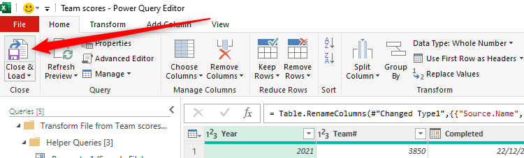 The top half of the Close And Load split button in Power Query Editor is selected.