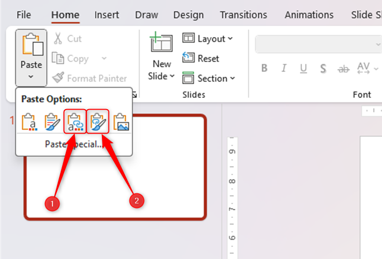 The two icons in the Paste drop-down menu in PowerPoint that create a link between the pasted item and its source.