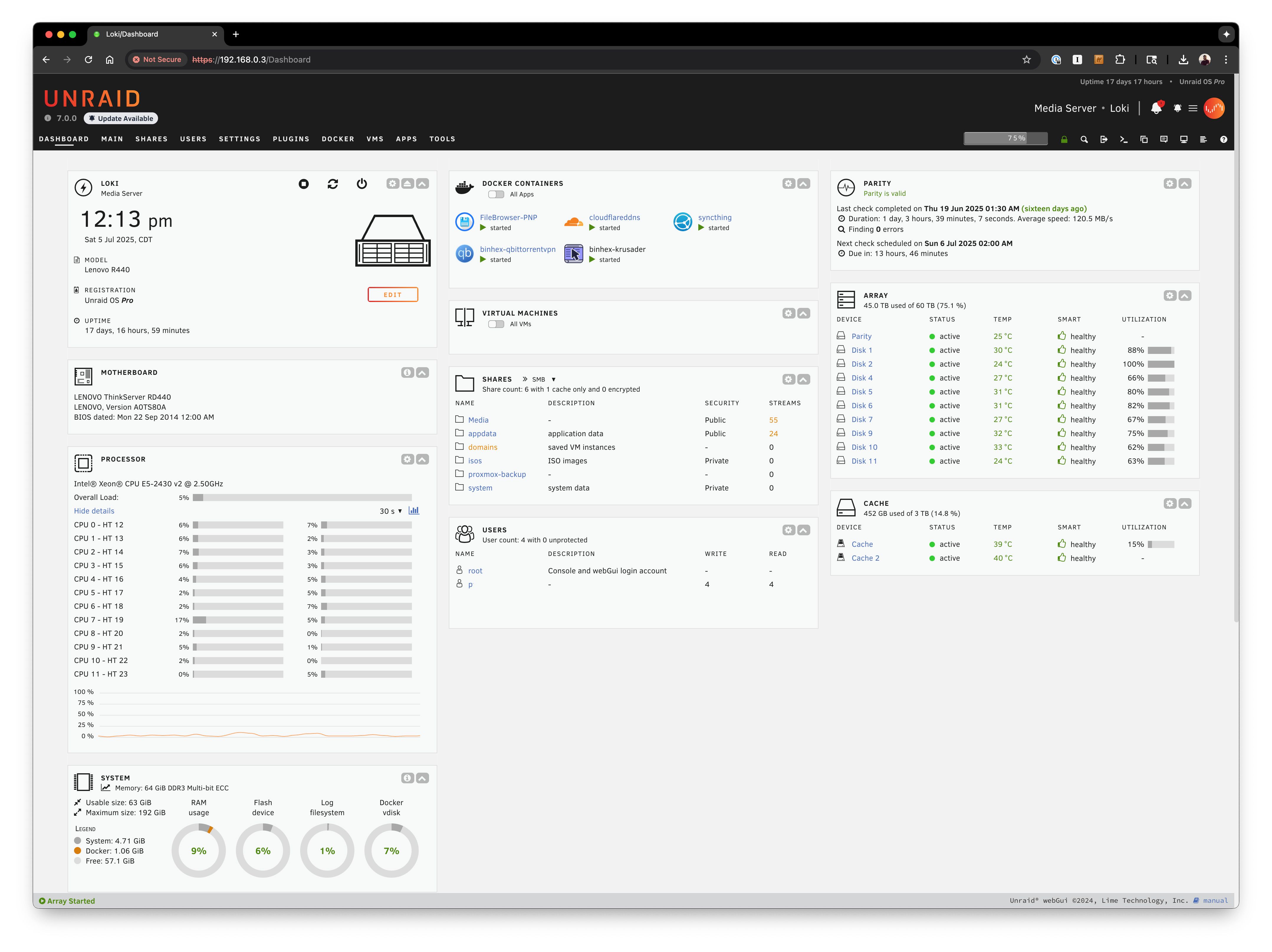 The Unraid web interface.