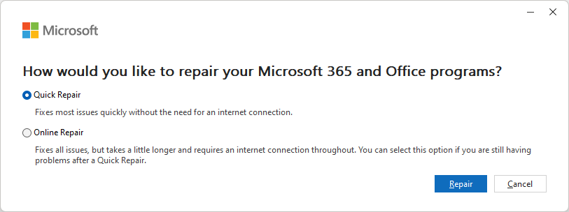 The Windows 11 repair options for Microsoft 365.