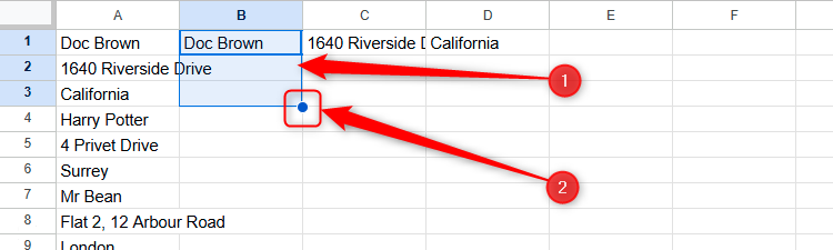 Three cells are selected in Google Sheets, and the fill handle in the bottom-right corner of that selection is highlighted.