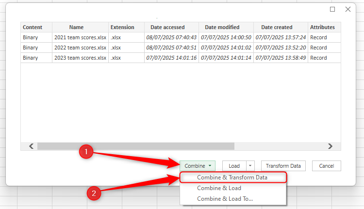 Three Excel files with similar names are listed in a dialog box in Excel, and Combine And Transform Data is selected in the Combine drop-down menu.