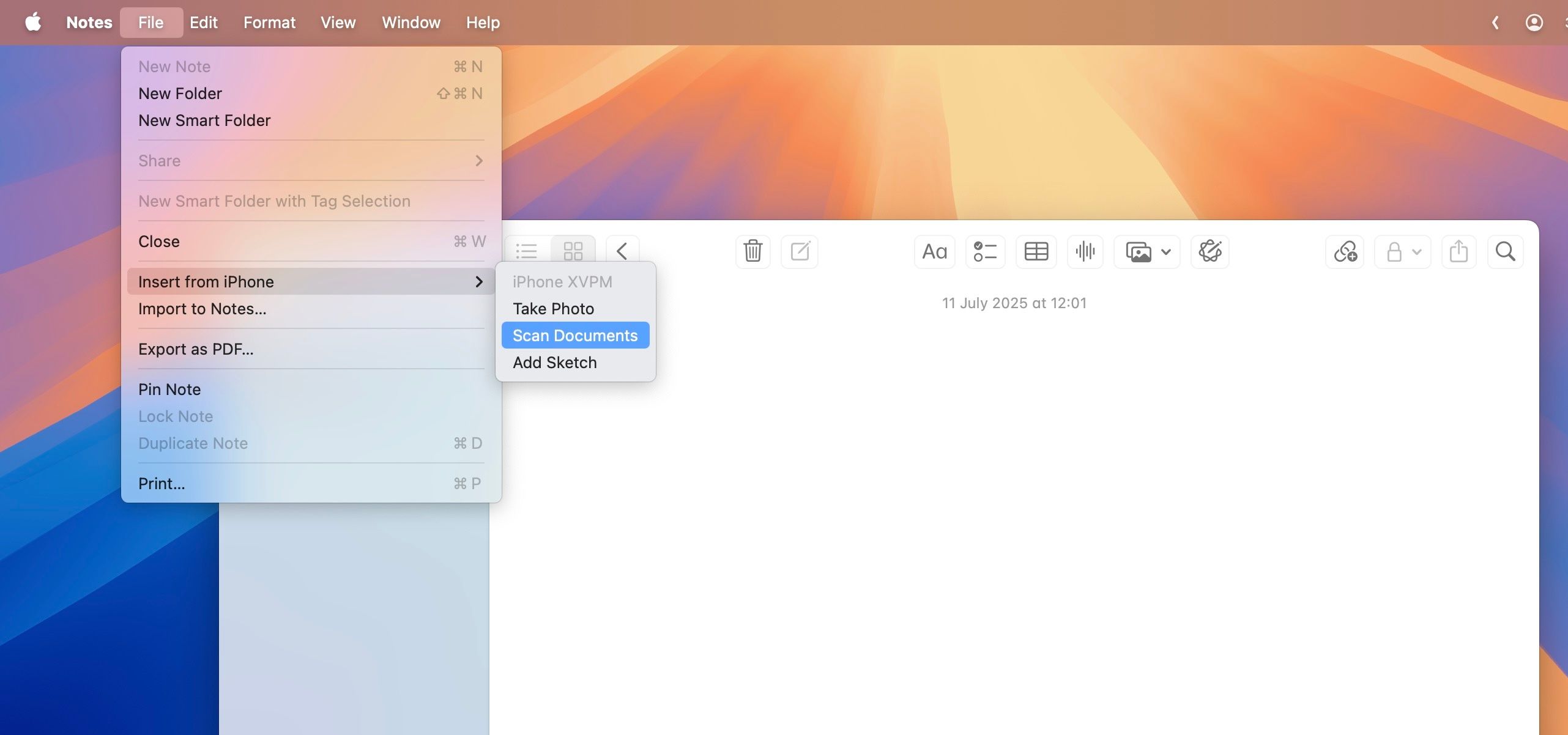 Selecting the Scan Documents option in macOS notes app to scan a document using an iPhone.