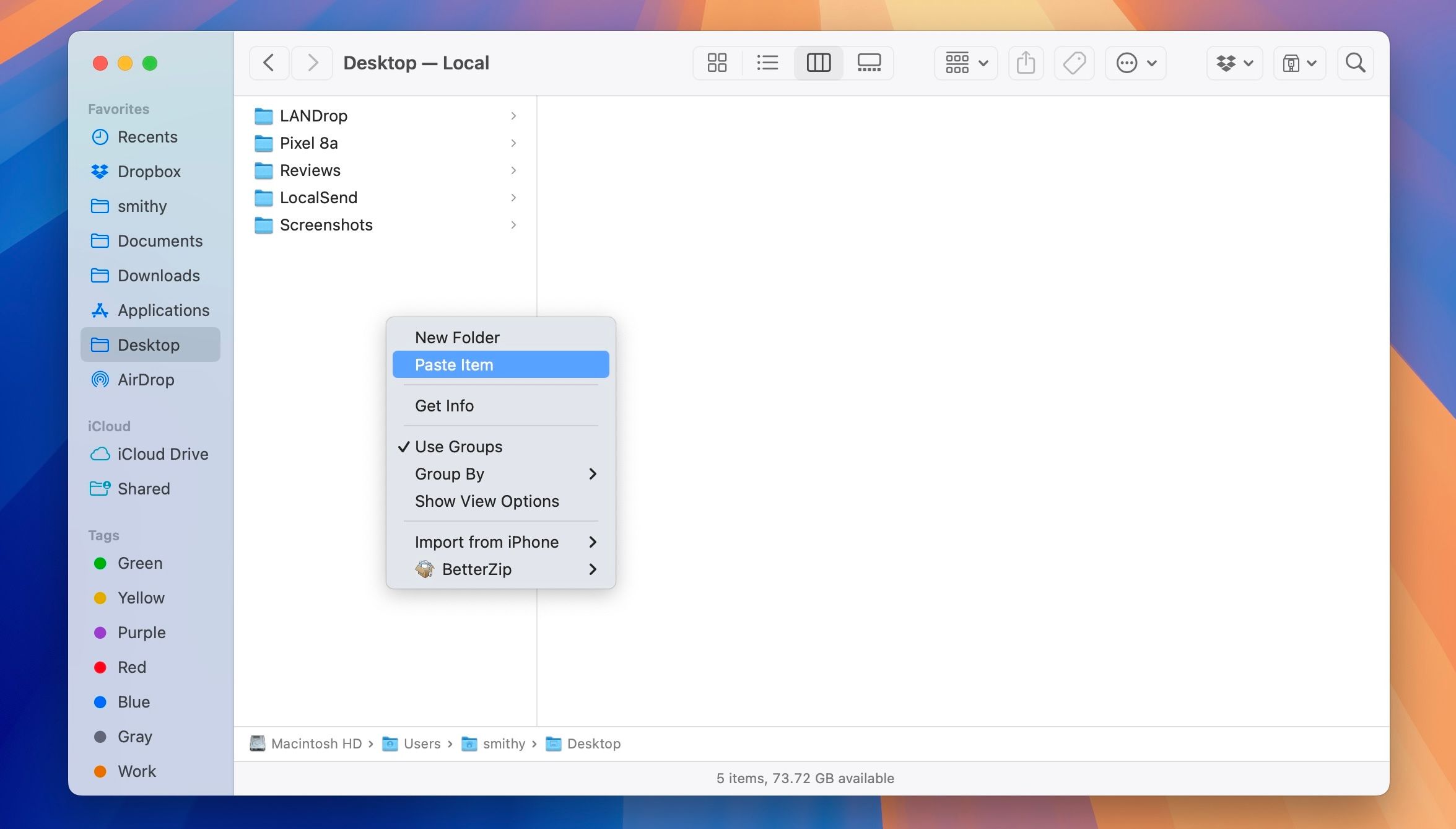 Paste Item option in macOS Finder app to paste a copied item from an iPhone.
