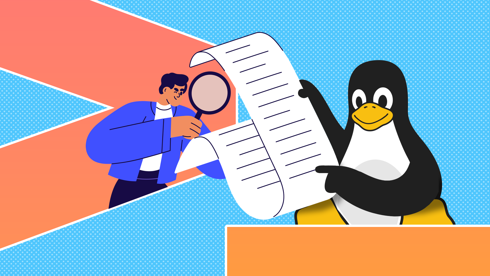Illustration of the Linux mascot, Tux, holding and reading a long piece of documentation, with a person beside it examining the text through a magnifying glass.