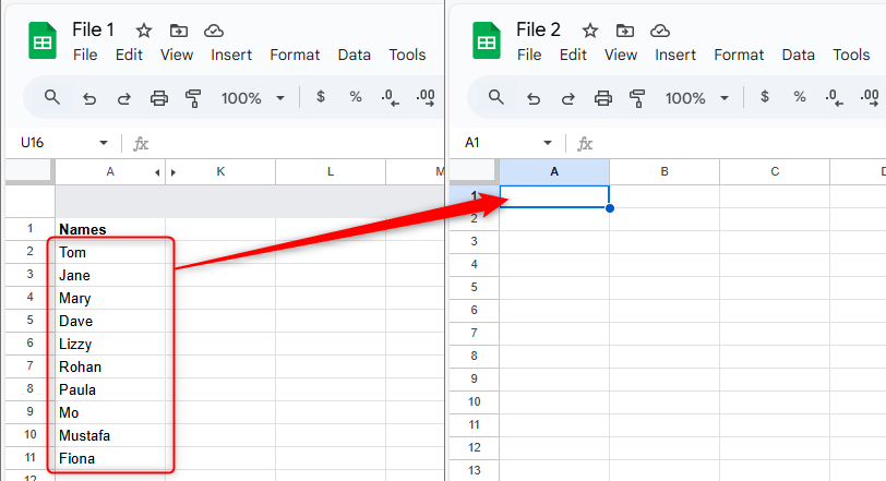 Два файла Google Sheets. В одном — список имён в столбце А, второй пустой.