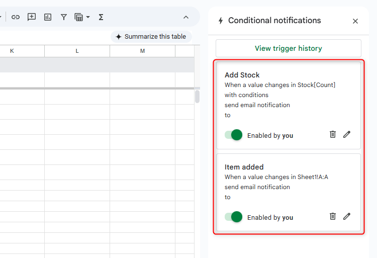 Two rules in Google Sheets' conditional notifications pane are highlighted.