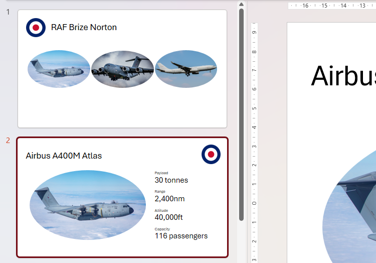 Two slides in PowerPoint's thumbnail pane, with certain items duplicated, moved, or deleted from one slide to the next.