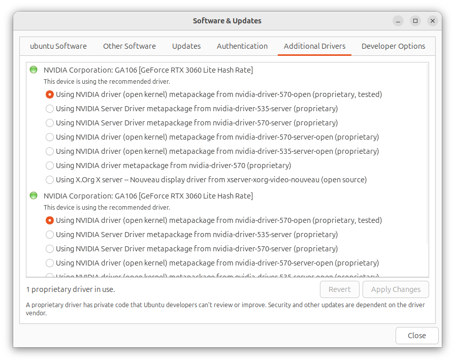 Ubuntu software and updater hardware driver section.