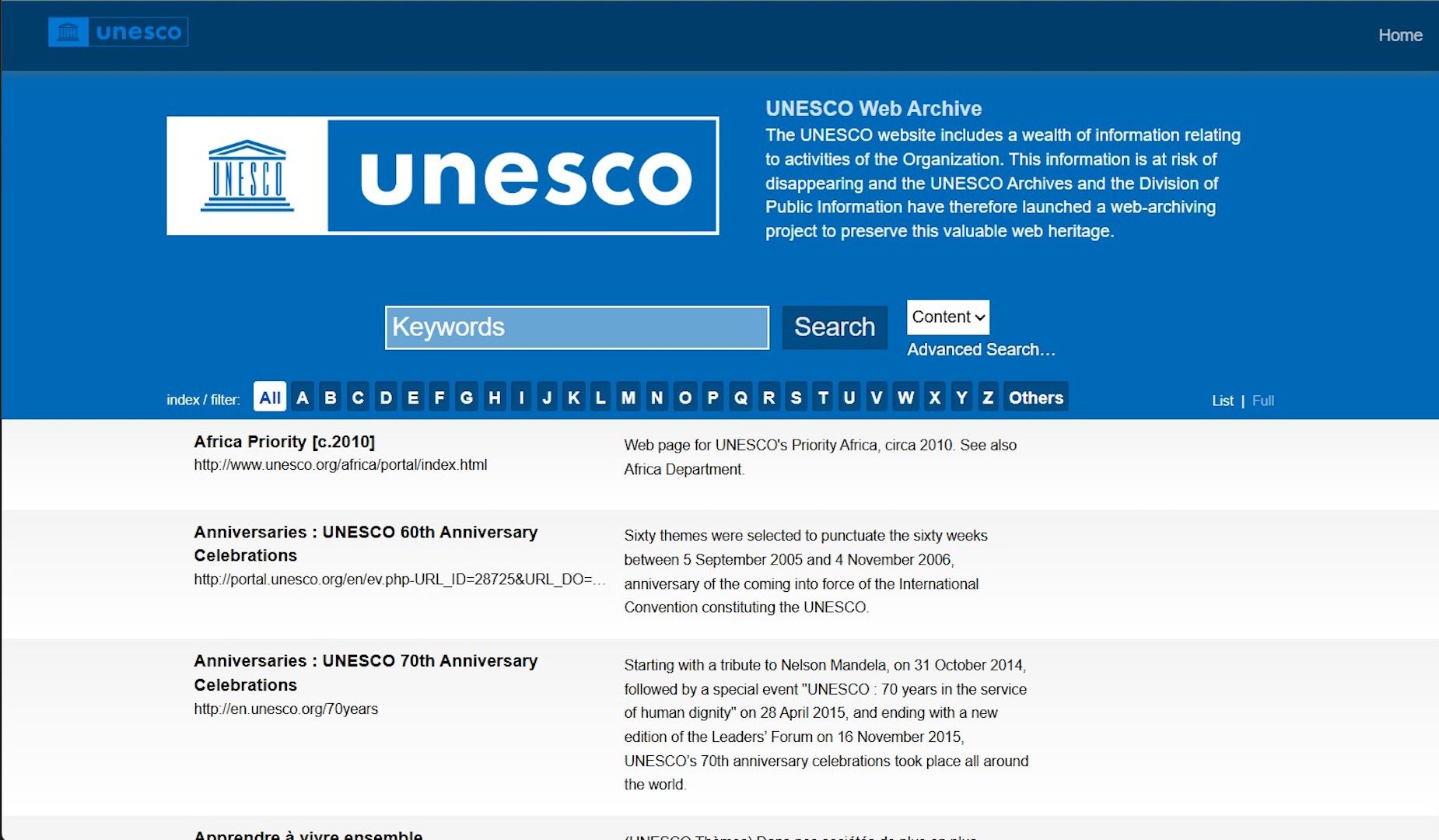 Image of UNESCO Web Archive page
