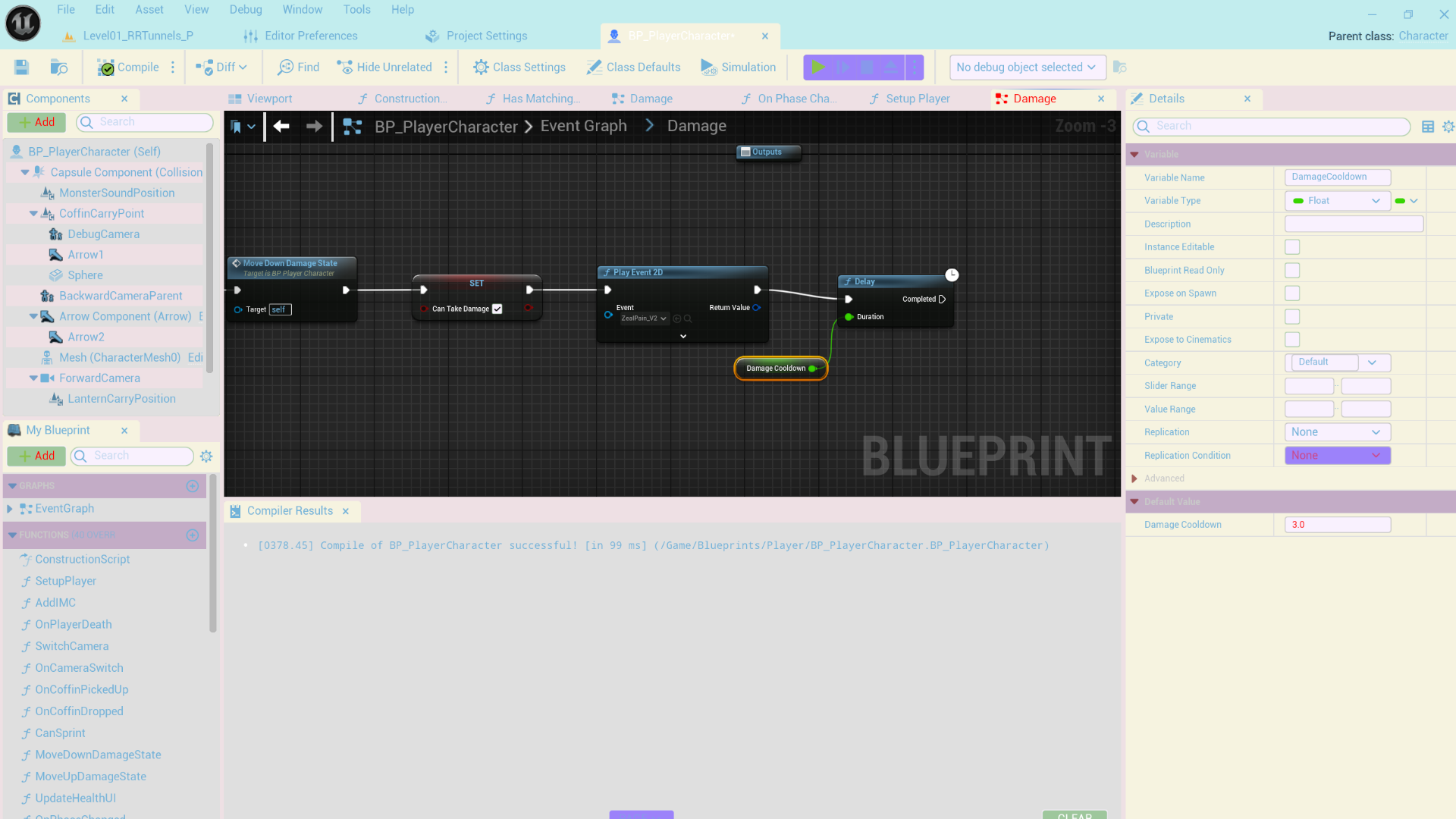 Unreal BluePrints showing a PlayCharacter Graph for a Take Damage Nodes