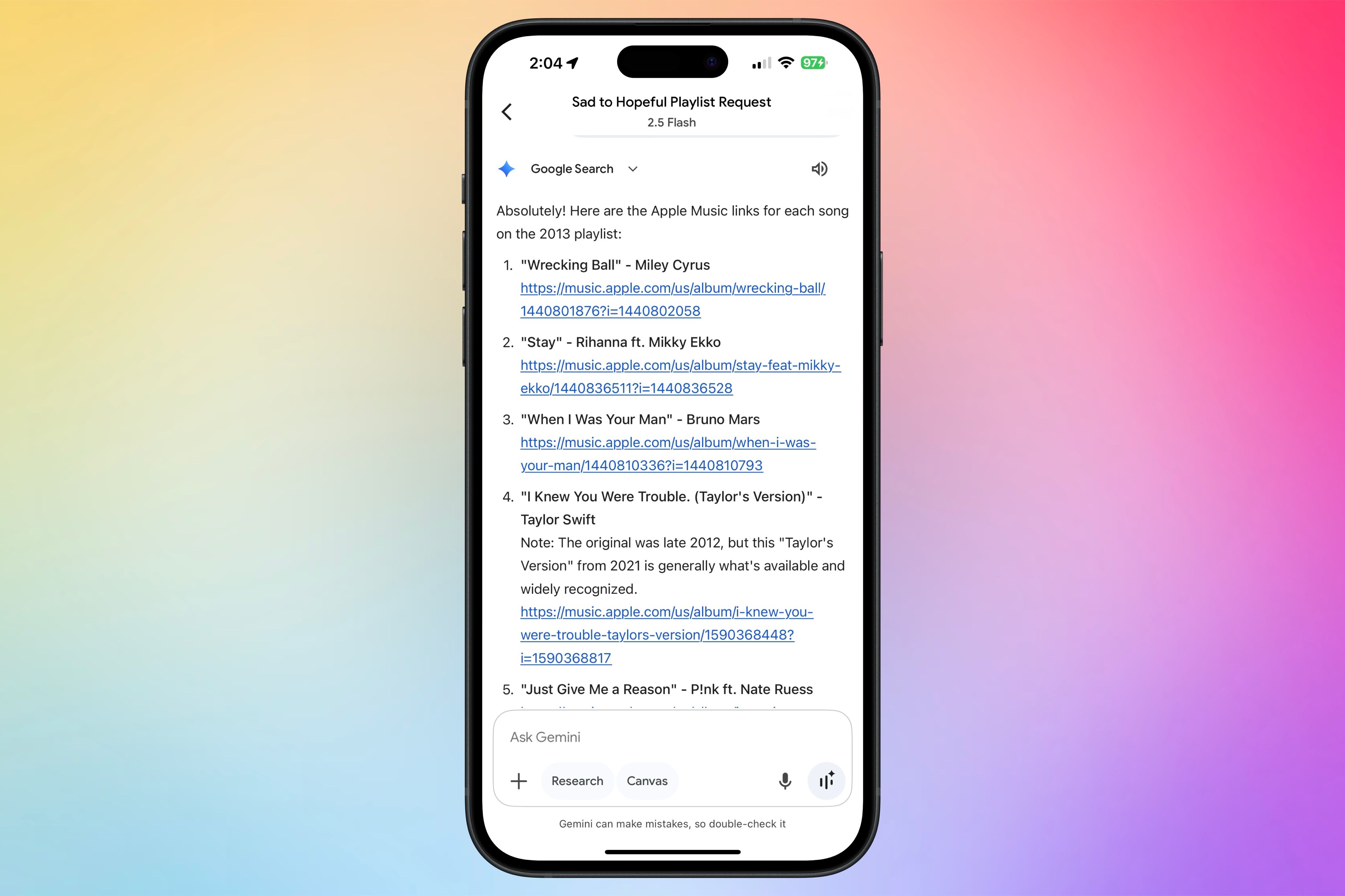 Gemini is curating a playlist and giving Apple Music links to each song.