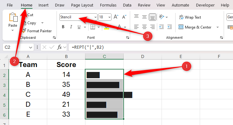 Vertical glyph characters in Excel, formatted in the Stencil typeface, represent the values in the adjacent cells.