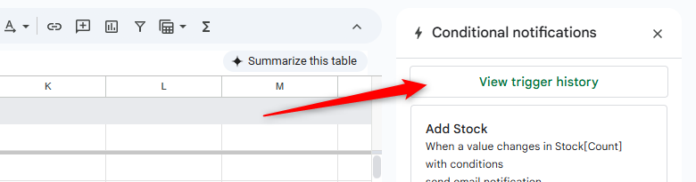View Trigger History is selected in Google Sheets' conditional notifications pane.